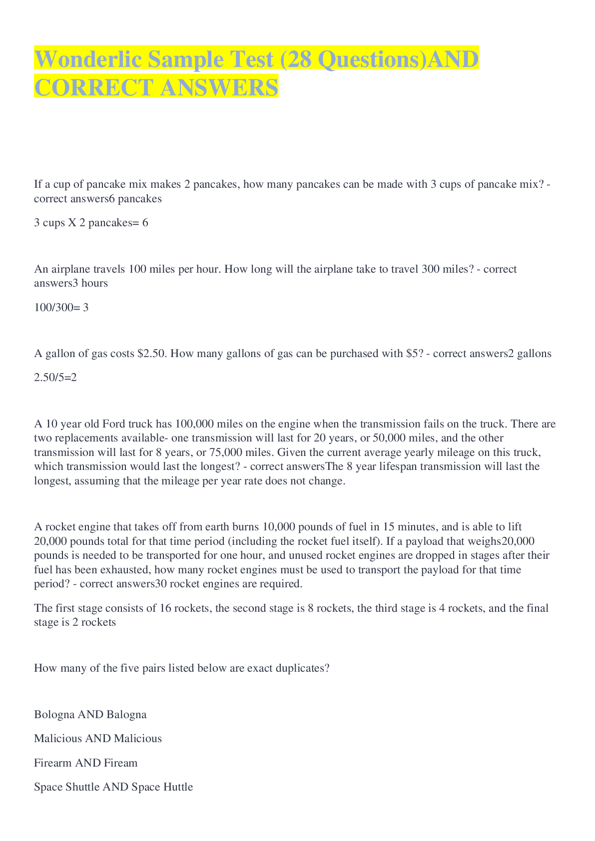 Preview image for Wonderlic Sample Test (28 Questions)AND CORRECT ANSWERS